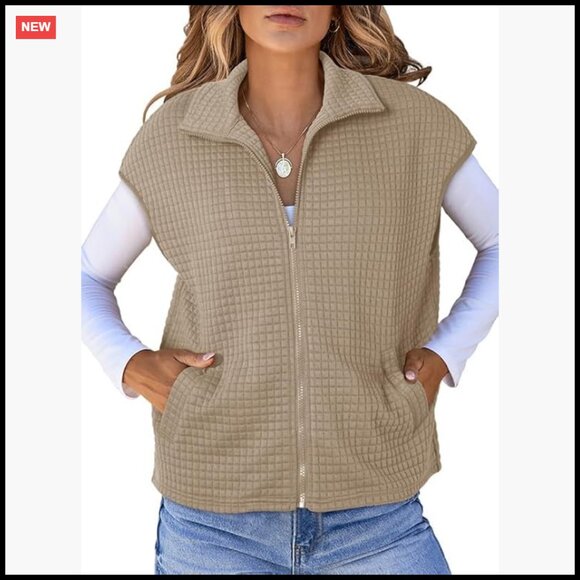 Jackets & Blazers - Oversized Waffle Knit Vest Zipper Up Cap Sleeve Side Pockets Chic Casual